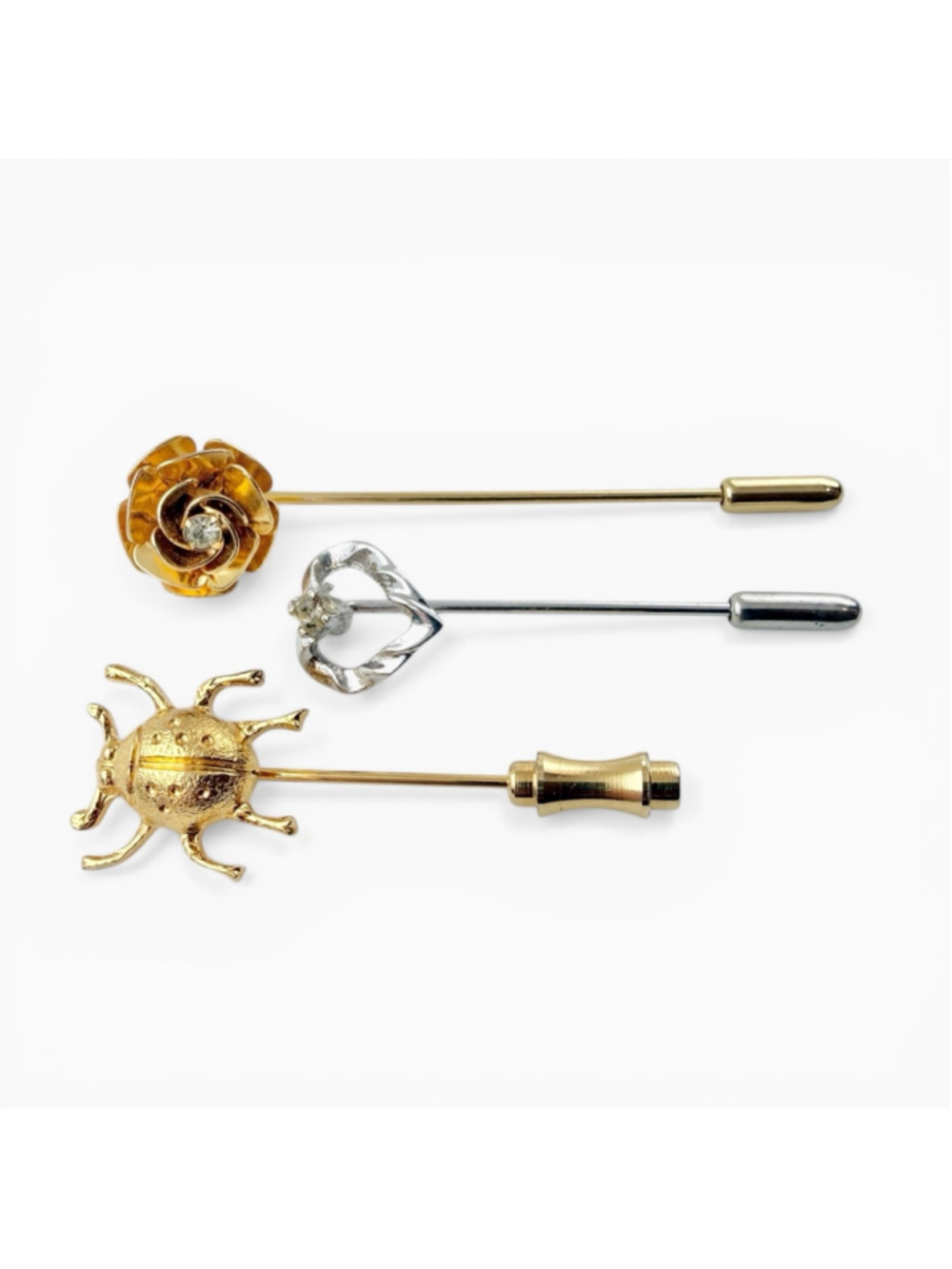 Vintage Stick Pins Lot Gold Tone Flower Beetle Heart Lapel Hat Pins Set